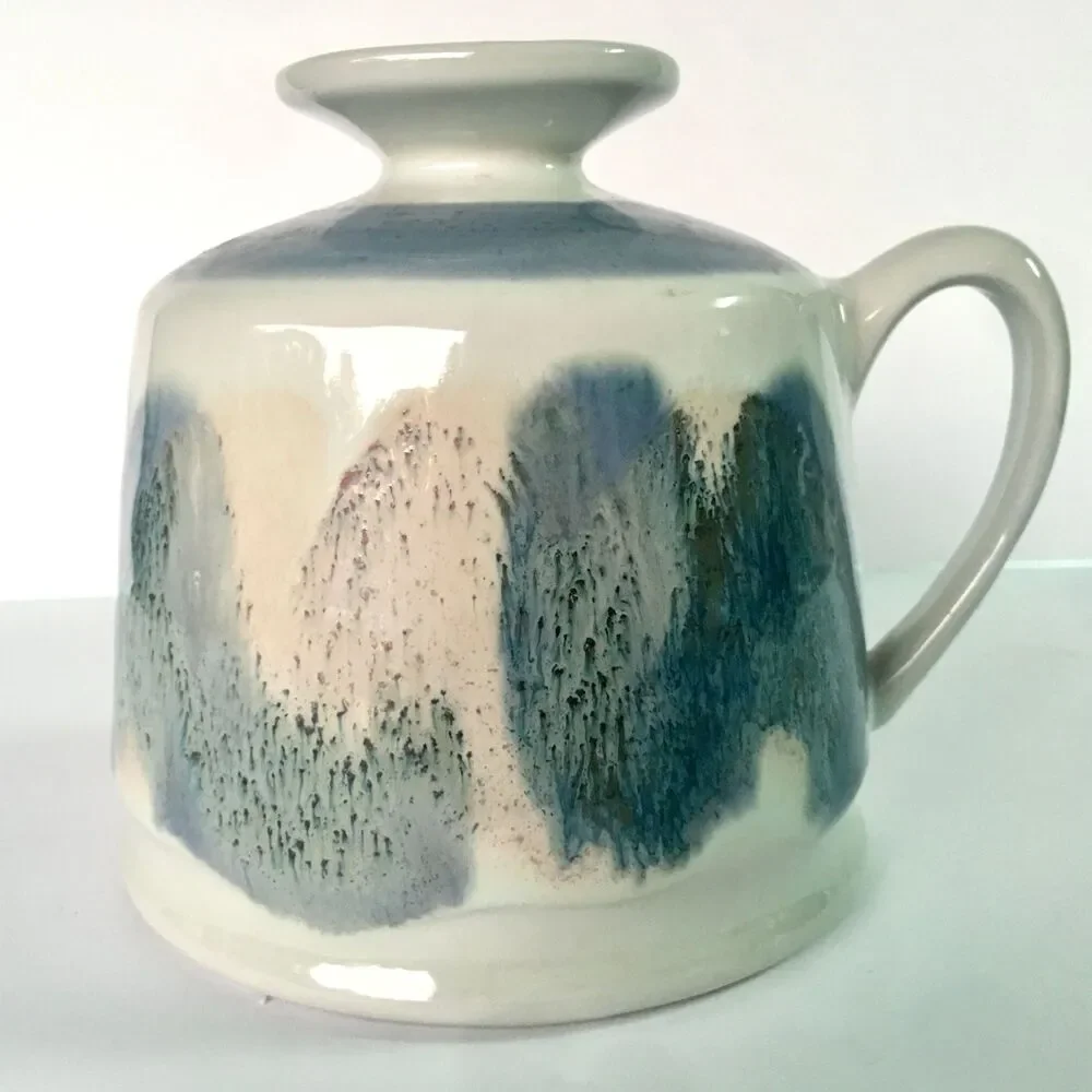 Kravec Studios Art Pottery Vase: Container Pitcher Abstract Blue Cream Decor, Na